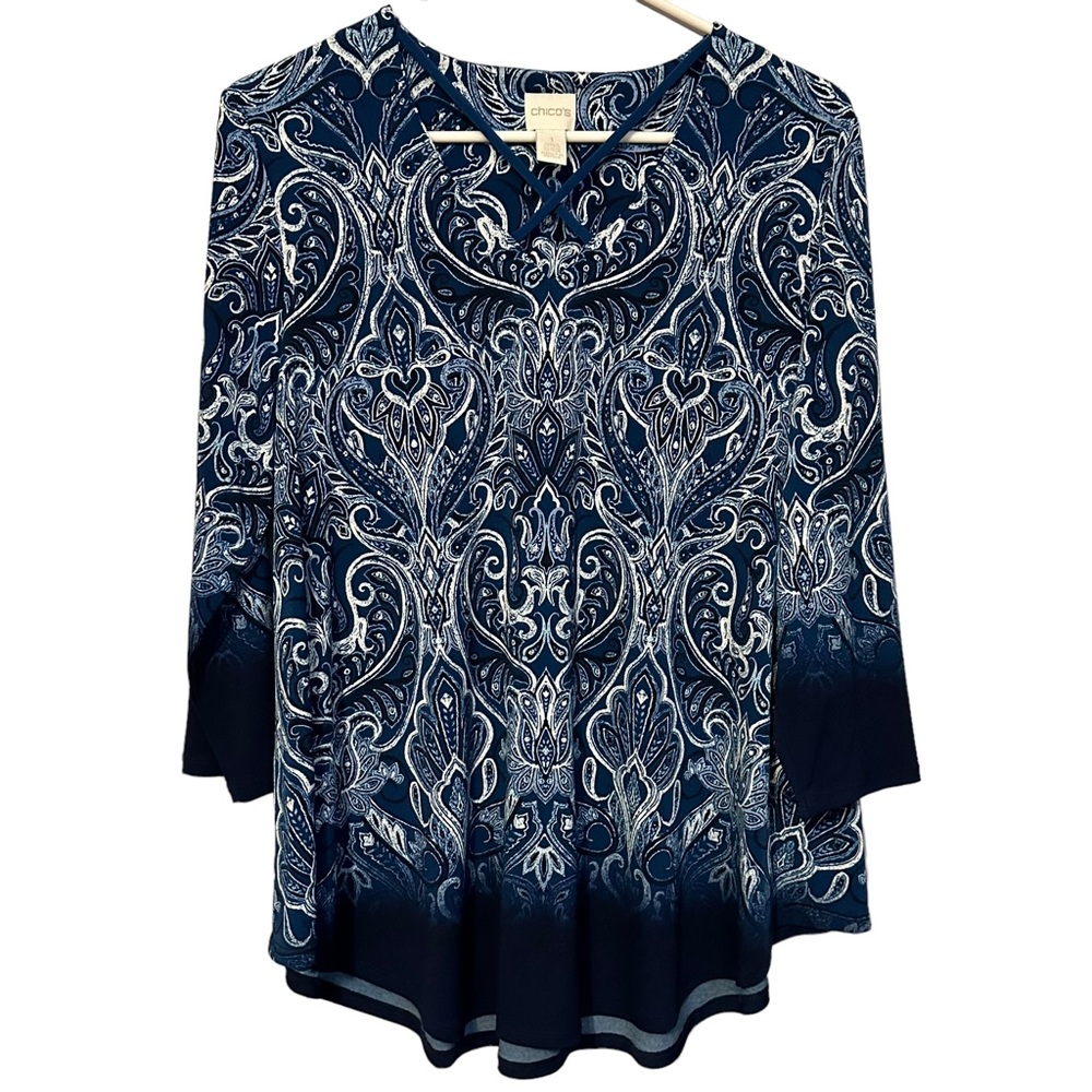 Chico’s Blue Marvel Paisley Tunic Boho Whimsigoth Coastal Resort Lagenlook M